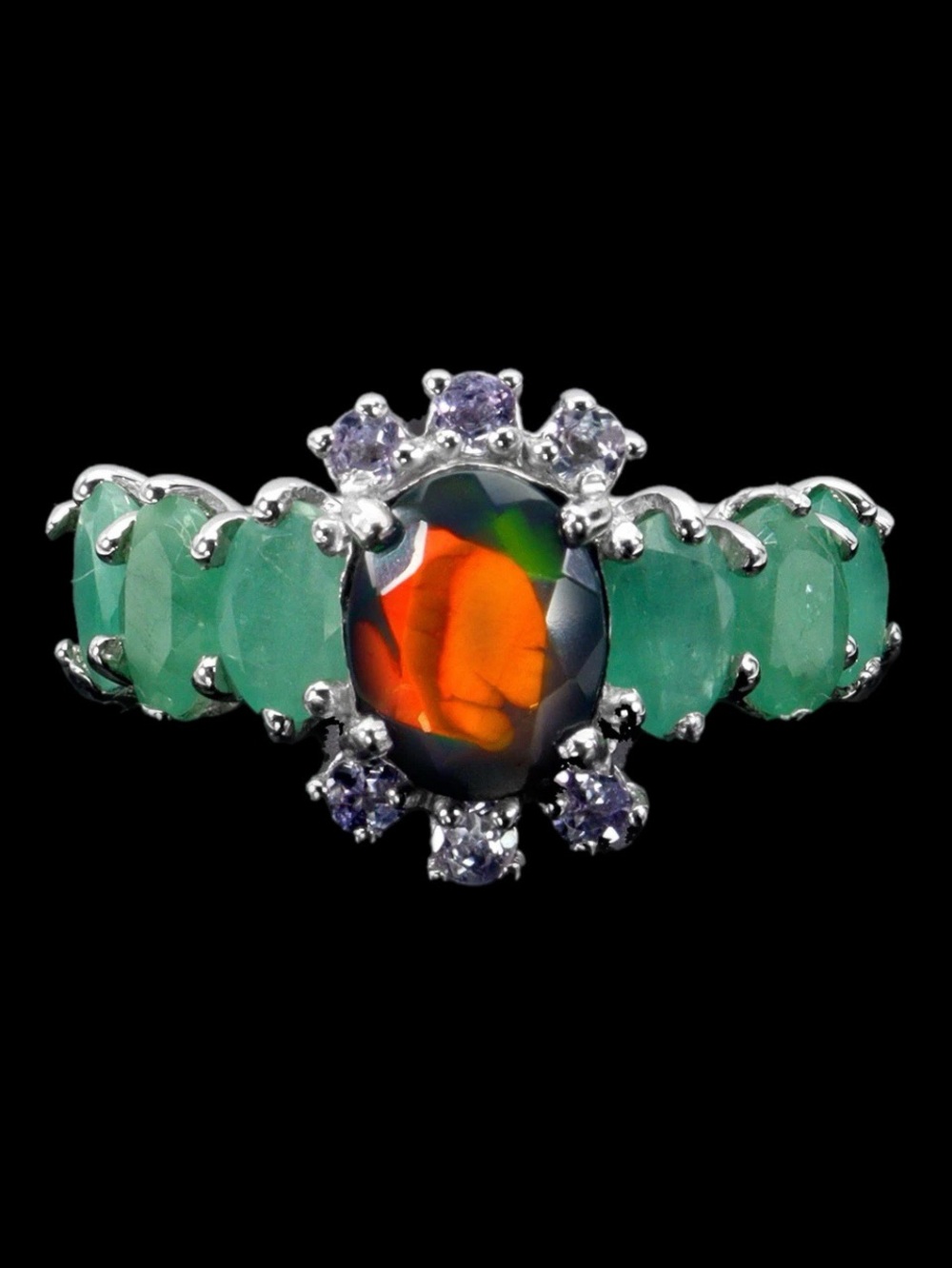 Genuine Fiery Black Opal, Emeralds & Tanzanite